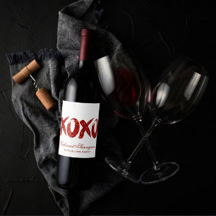 XOXO Roter Glitzer   Glam Brushstroke Hug and Kiss Weinetikett