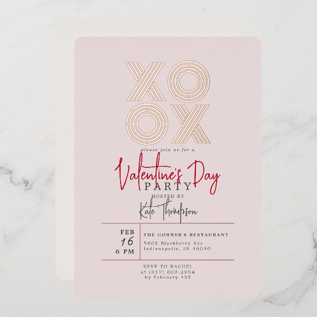 XOXO Valentinstag Party Rose Gold Folieneinladung (Vorderseite/Rückseite)
