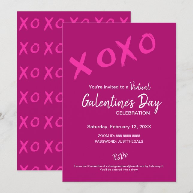 XOXO Virtual Galentine's Day Pink Valentines Party Einladung (Vorne/Hinten)