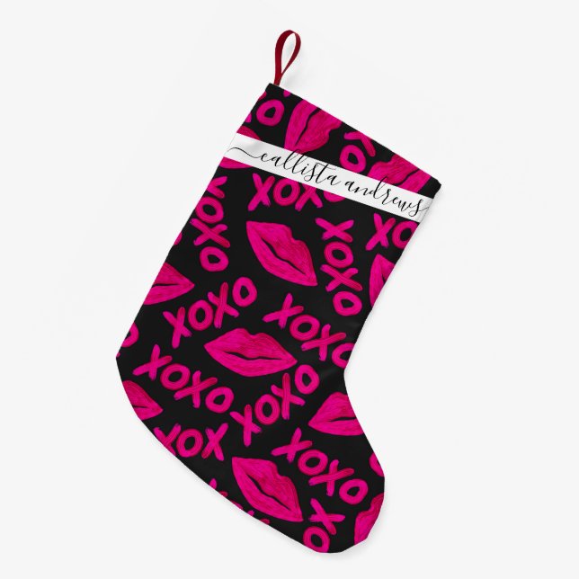 XOXO Zitat Schwarze Nebel Pink Lips Lipstick Muste Kleiner Weihnachtsstrumpf (Vorderansicht (hängend))