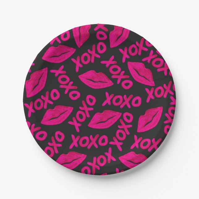 XOXO Zitat Schwarze Nebel Pink Lips Lipstick Muste Pappteller (Vorderseite)