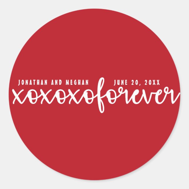 XOXOXO Forever Red and White Personalisiert Weddin Runder Aufkleber (Vorderseite)