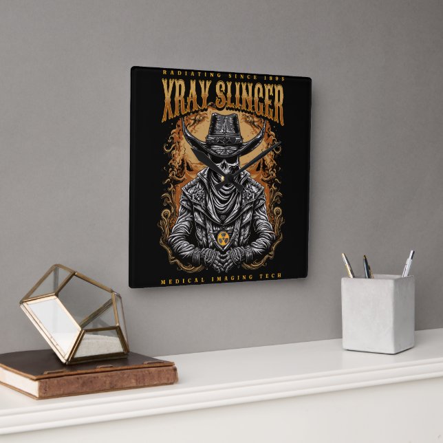 XRay Slinger Skeleton Cowboy Quadratische Wanduhr (Büro)