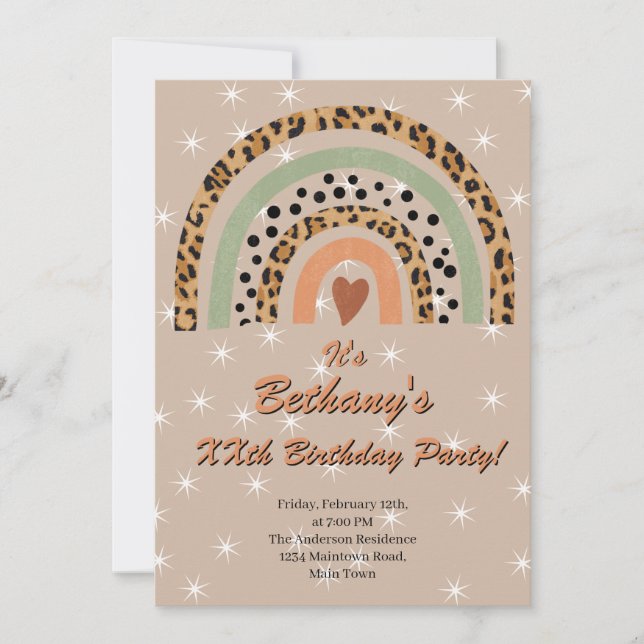 XX. Leopard Print Boho Rainbow Birthday Party Einladung (Vorderseite)