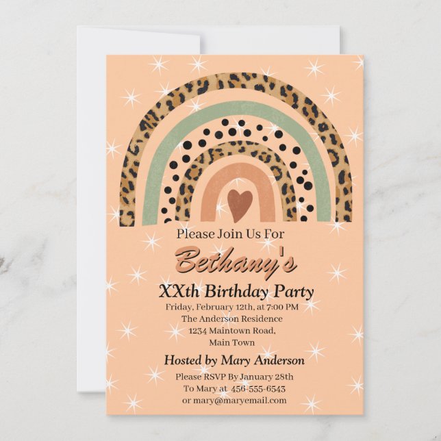 XX. Leopard Print Boho Rainbow Birthday Party Einladung (Vorderseite)