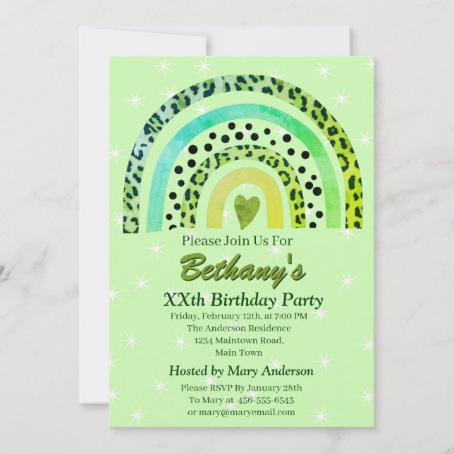 XX. Leopard Print Boho Rainbow Birthday Party Einladung (Vorderseite)