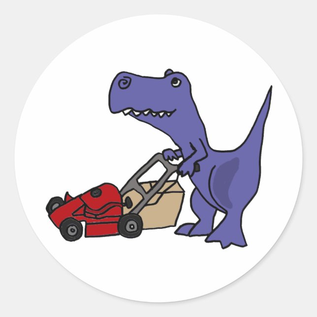 XX- T-rex Dinosaur Pushing Lawn Mower Runder Aufkleber (Vorderseite)