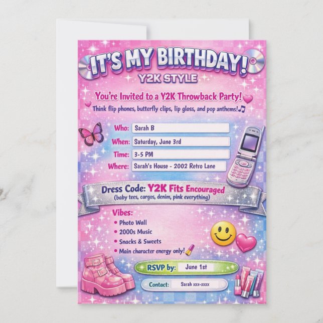 Y2K 2000's Birthday Party Invitation (Devant)