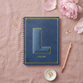 Y2K Blaue Denim Gelbe Stickerei Monogramm L Initia Notizblock