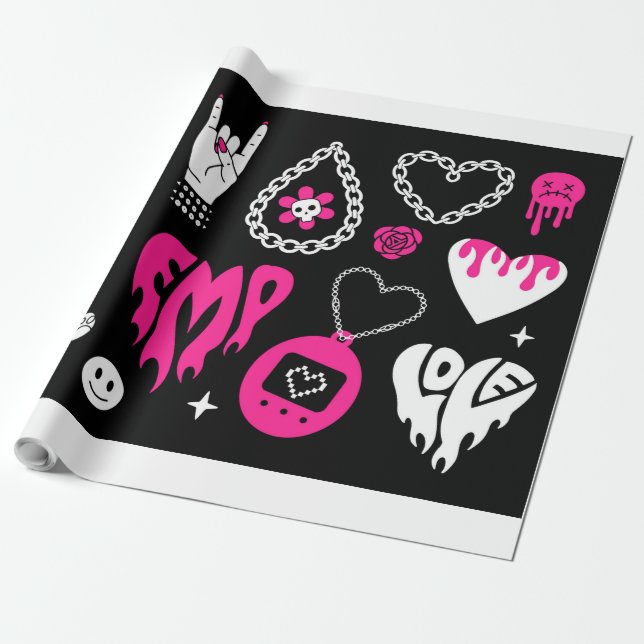 Y2k Glamour rosa und schwarze Elemente Set. Schmet Geschenkpapier (Ungerollt)