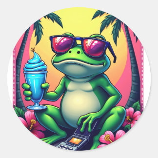 Y2K Grumpy Frosch Flip Phone Vaporwave Tropisch Runder Aufkleber