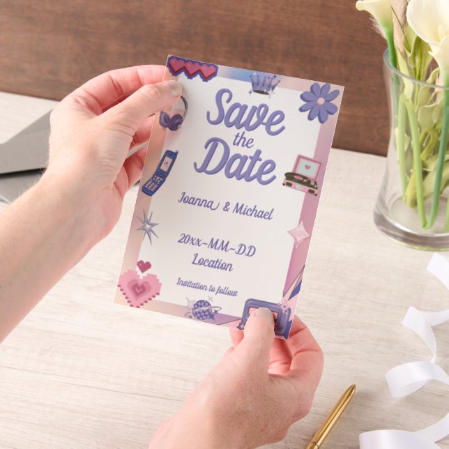 Y2K Pink Lila 2000er Retro Tech Geek Liebe Hochzei (Handgehalten)