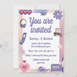 Y2K Pink Lila 2000er Retro Tech Geek Liebe Hochzei Einladung