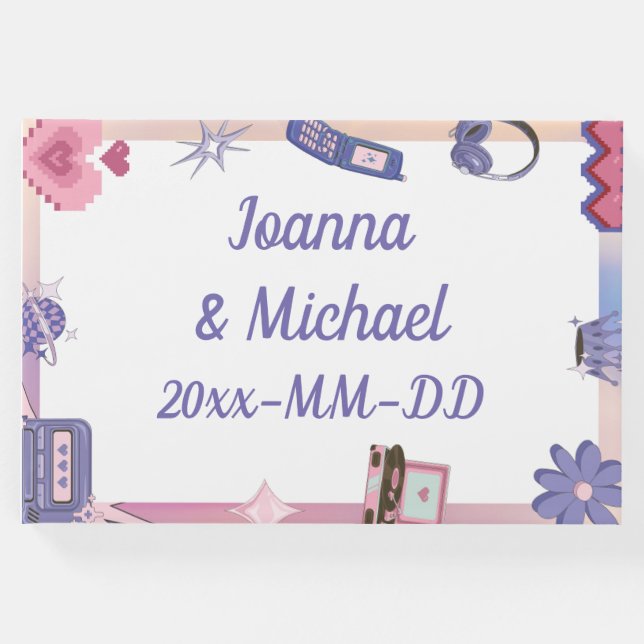 Y2K Pink Lila 2000er Retro Tech Geek Liebe Hochzei Gästebuch (Vorderseite)