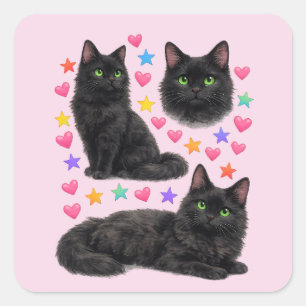 y2k Regenbogen Herzen schwarze Katze kawaii süß Quadratischer Aufkleber