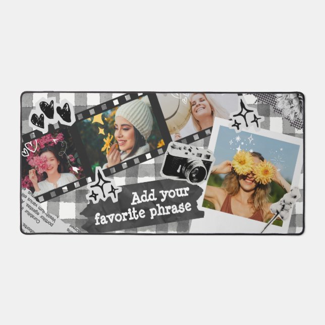 Y2K Retro Personalized Photo Collage in Black Schreibtischunterlage (Vorderseite)