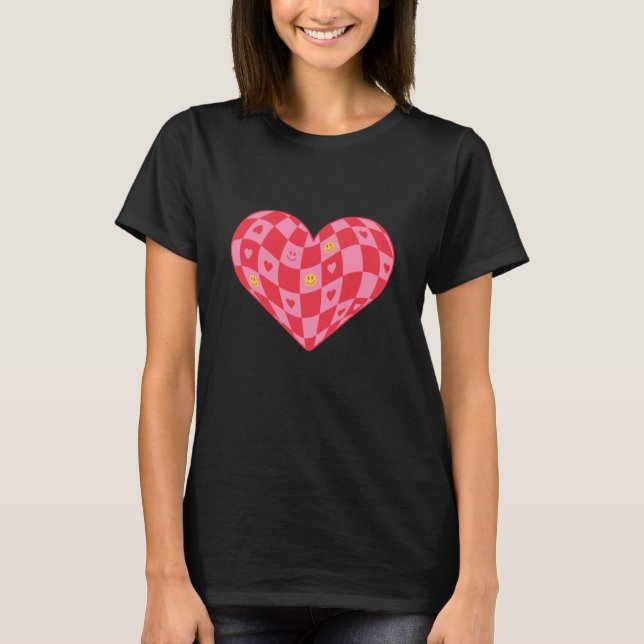 Y2K Trendy Pink Checkerboard Heart Smiley Face  T-Shirt (Vorderseite)