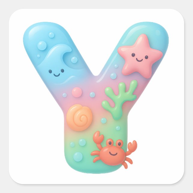 "Y" Cute Letter - Underwater Sea Creature  Quadratischer Aufkleber (Vorderseite)