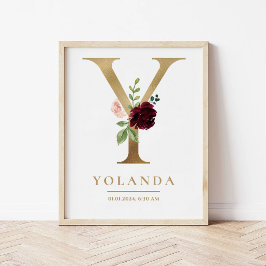 Y Letter Monogram Name Marsala Floral Kinderzimmer Poster