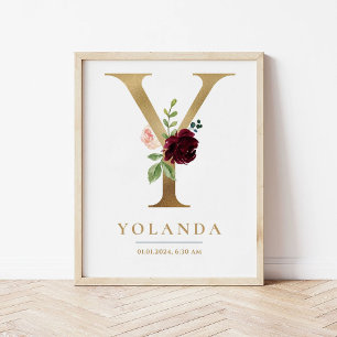 Y Letter Monogram Name Marsala Floral Kinderzimmer Poster