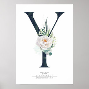 Y Letter Monogram Weiße Blume und Grüne Poster