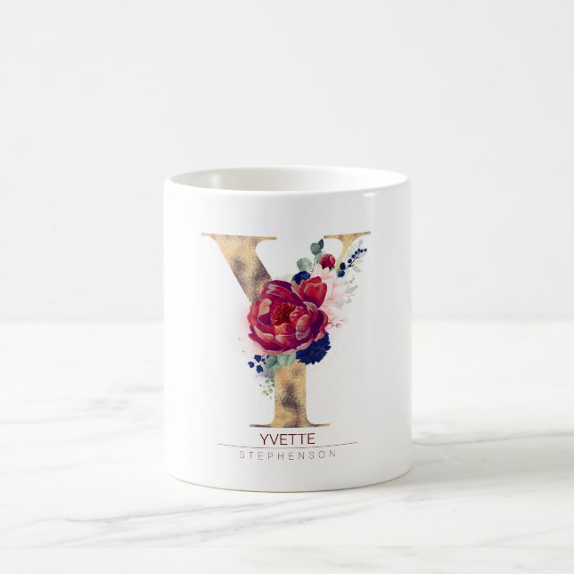 Y Monogram Floral Burgund Red and Navy Blue Kaffeetasse (Mittel)