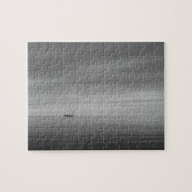 Yacht auf ruhiges Wasser Schwarz-Weiß-Foto-Puzzle (Horizontal)