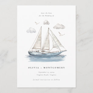 Yacht de voile à l'aquarelle moderne, carte de rés