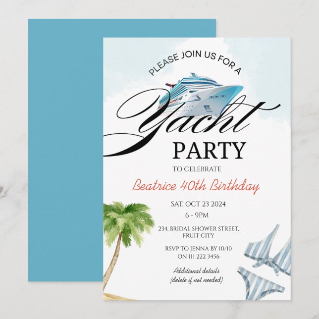 Yacht Party Schifffahrt Einladung (Vorne/Hinten)