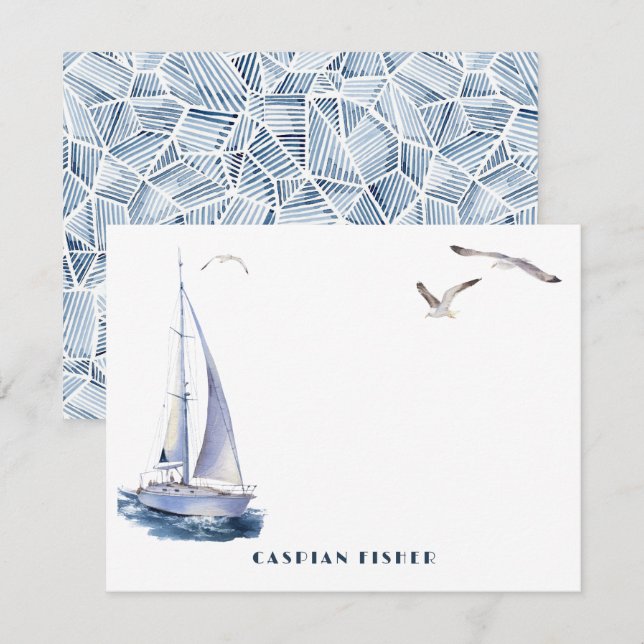 Yacht & Seagulls Watercolor Stationery Note Card Mitteilungskarte (Vorne/Hinten)
