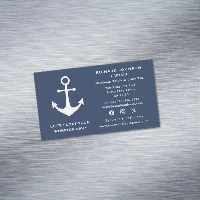 Yacht "Social Media Nautical Blue White Anchor" Magnetische Visitenkarte (Beispiel)