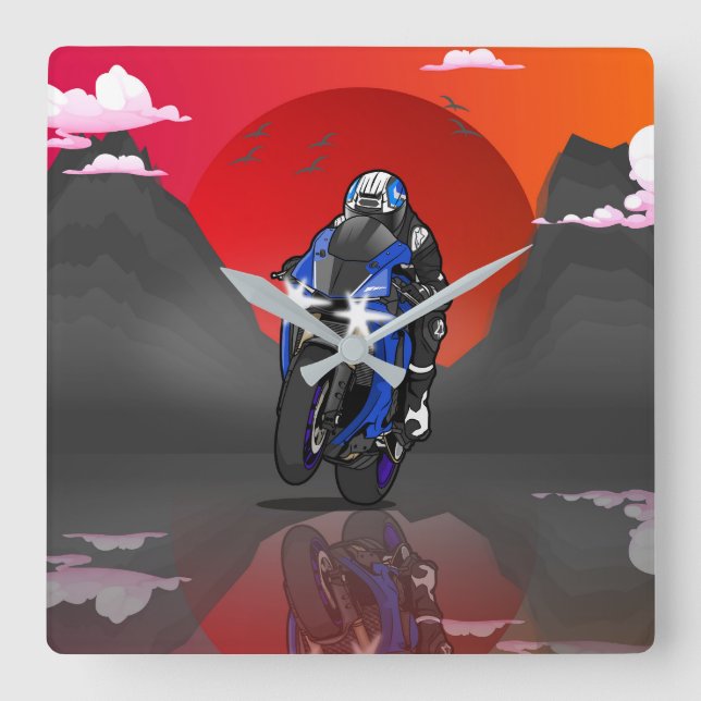 Yamaha R1 in the sunset Quadratische Wanduhr (Vorderseite)