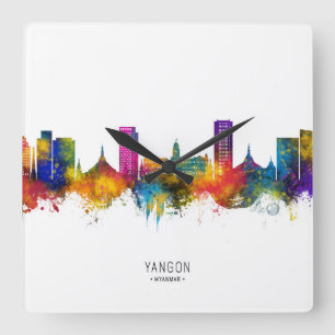 Yangon Myanmar Skyline Quadratische Wanduhr
