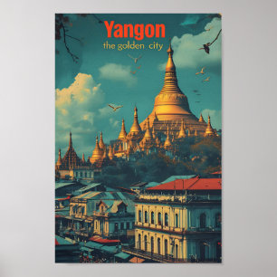 Yangon Myanmar Vintage-Kunst-Reiseillustration Poster