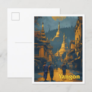 Yangon Myanmar Vintage-Kunst-Reiseillustration Postkarte