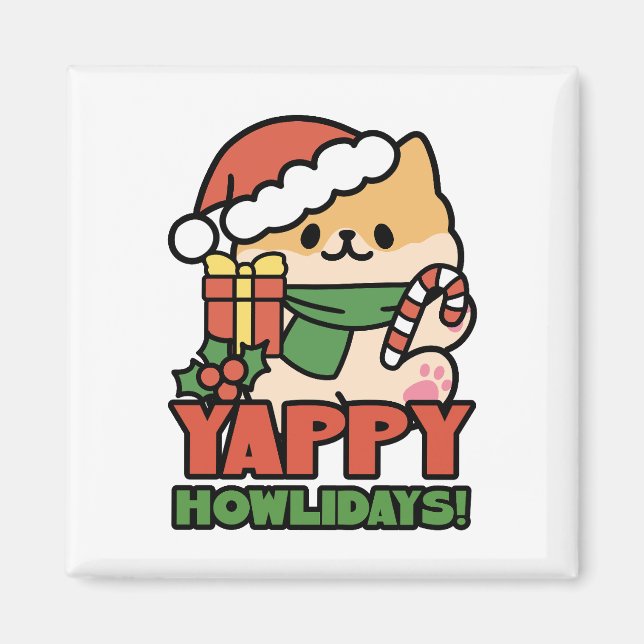 Yappy Howlidays - Niedlicher Cartoon für Weihnacht Magnet (Vorne)