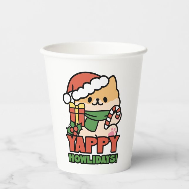 Yappy Howlidays - Niedlicher Cartoon für Weihnacht Pappbecher (Vorderseite)