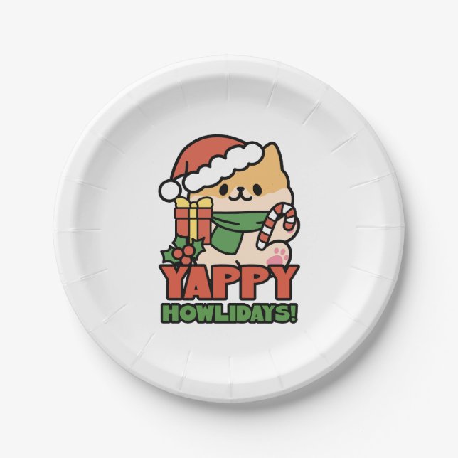 Yappy Howlidays - Niedlicher Cartoon für Weihnacht Pappteller (Vorderseite)