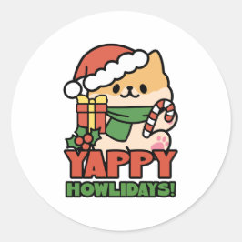 Yappy Howlidays - Niedlicher Cartoon für Weihnacht Runder Aufkleber