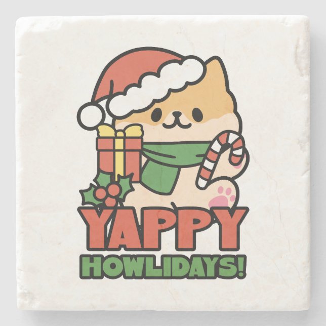 Yappy Howlidays - Niedlicher Cartoon für Weihnacht Steinuntersetzer (Vorderseite)