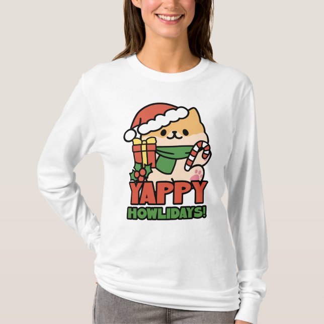 Yappy Howlidays - Niedlicher Cartoon für Weihnacht T-Shirt (Vorderseite)