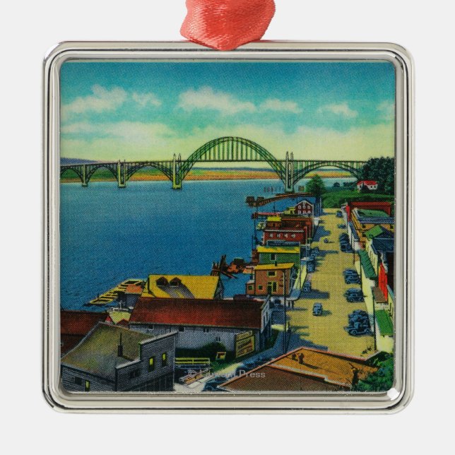 Yaquina Bucht-Brücke und Ufergegend Newport ODER Silbernes Ornament (Vorne)