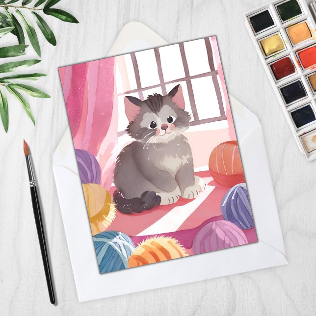 Yarn Ball Kitten | Cat Watercolor Painting Card (Von Creator hochgeladen)