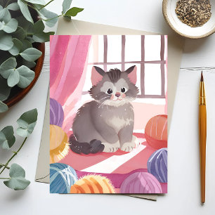 Yarn Ball Kitten   Cat Watercolor Postcard Postkarte