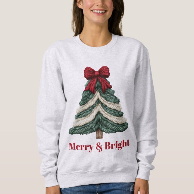 Yarn Faux Embroidery Christmas Tree Merry Bright Sweatshirt (Vorderseite)