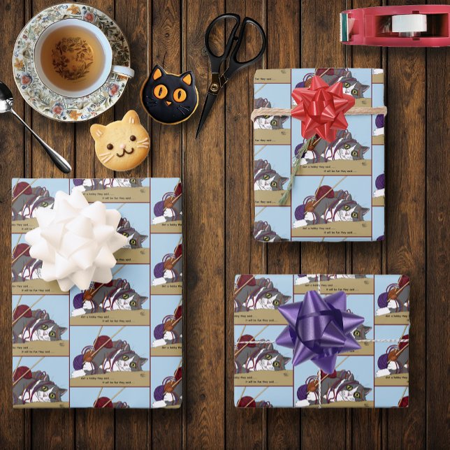 Yarn Knitting Funny Cat Geschenkpapier Set (Von Creator hochgeladen)