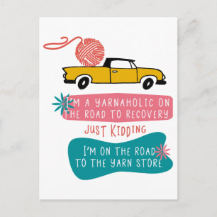Yarnaholic-Strickhumor mit Retro-LKW und Garn Postkarte