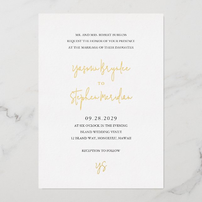 Yasmin Moderne Elegante Hochzeit Folieneinladung (Vorderseite)