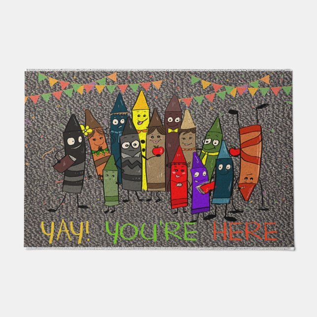 Yay You're Here Doormat, Cute Crayons  Fußmatte (Vorderseite)