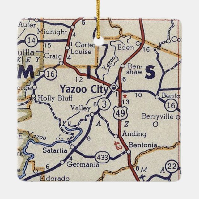Yazoo City MS Vintage Karte Keramikornament (Rückseite)